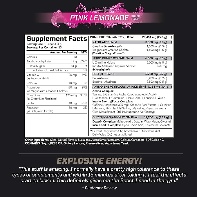 PMD Sports Ultra Pump Fuel Insanity - Pre Workout Drink Mix for Energy, Strength, Endurance, Recovery - Complex Carbohydrates and Amino Energy - Electric Pink Lemonade (30 Servings)