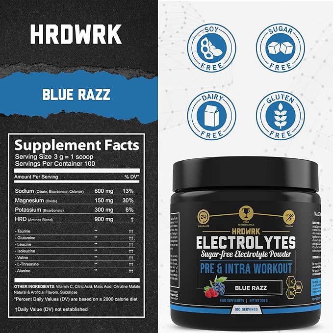 HRDWRK Electrolytes Powder with Magnesium, Potassium - Sugar Free Electrolytes Boost Endurance and Reduce Fatigue with This Electrolytes Supplement - Maximum Hydration - Keto Friendly