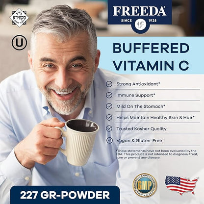 FREEDA Vitamin C - Buffered Vitamin C Powder - Kosher - Powerful Antioxidant Immune Support - Sensitive Stomach Vitamins C Drink - Calcium Ascorbate - Sugar Free Vitamin C - VIT C Supplement (8 oz)