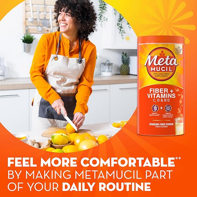Metamucil Fizzy Fiber Supplement + Vitamins, Plant Based Psyllium Fiber Powder with Vitamins C, D & B12, Daily Supplement for Regularity + Metabolism of Fats and Proteins, Citrus Flavor, 90 Servings