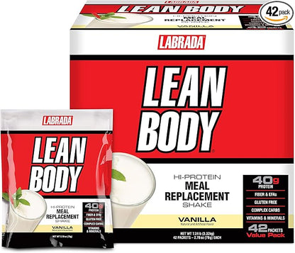 Labrada Lean Body MRP All-In-One Vanilla Meal Replacement Shake, 40g Protein, Whey Blend, 8g Healthy Fats EFA's & Fiber, 22 Vitamins and Minerals , No artificial color, Gluten Free, (42 Packets)