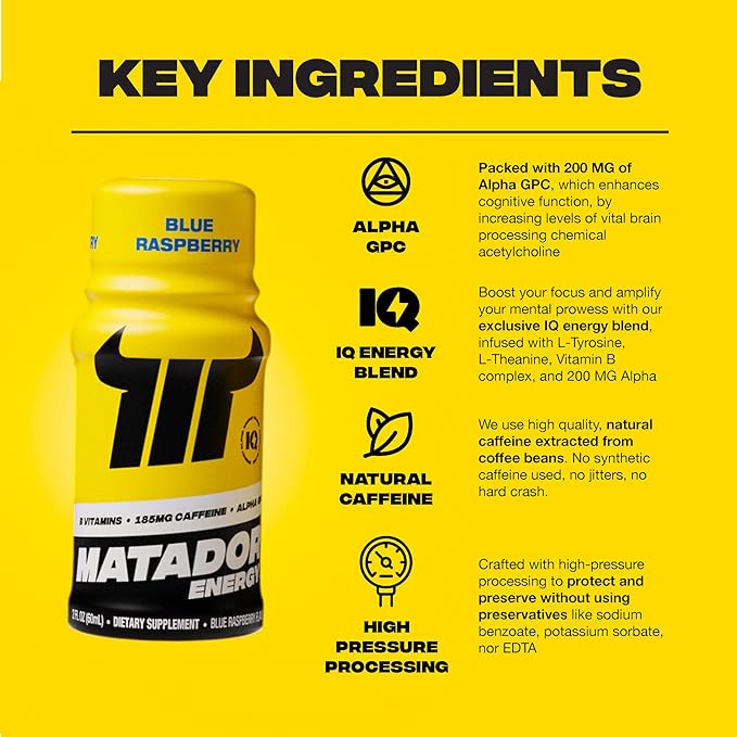 MATADOR Energy Shots - Blue Raspberry 24 Bulk Pack - Sugar Free Nootropic Natural Caffeine Energy Shot Bottles, B Vitamin Complex (Vitamin B3 & B12), 200 MG of Alpha GPC Enhancing Cognitive Function