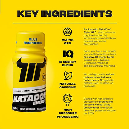 MATADOR Energy Shots - Blue Raspberry 24 Bulk Pack - Sugar Free Nootropic Natural Caffeine Energy Shot Bottles, B Vitamin Complex (Vitamin B3 & B12), 200 MG of Alpha GPC Enhancing Cognitive Function