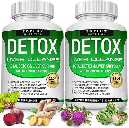 Detox Cleanse Liver Support & Repair Formula - Liver Cleanser Natural 5 Day Detox, Support Digestion System, Flush Toxins & Urinary Tract, Milk Thistle Extract 25+ Herbs, 60 Capsules, Toplux Nutrition