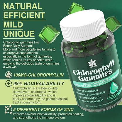 Sugar Free Chlorophyll Gummies - with Unfiltered ACV, Sea Moss & Elderberry, Echinacea, Vitamin D3, C, E, B12 - Natural Deodorant, Breathe Fresh, Immune & Digestion Support, Chlorophyll Chews 2Pack