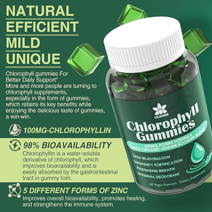 Sugar Free Chlorophyll Gummies - with Unfiltered ACV, Sea Moss & Elderberry, Echinacea, Vitamin D3, C, E, B12 - Natural Deodorant, Breathe Fresh, Immune & Digestion Support, Chlorophyll Chews 2Pack