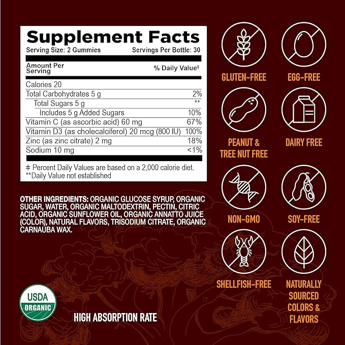 Strong Earth - Organic Immune Health Gummies with Vitamin C, Vitamin D3 Plus Zinc - Adult Immune System Boost Zinc, Vitamin C, Vitamin D Gummies - Gummy Multivitamin Immune Support Supplement (60)