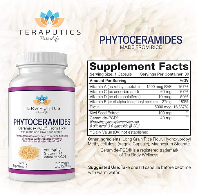 Phytoceramides Ceramide-PCD® Made From Rice - w/ Biotin and Kiwi Seed - Non GMO Gluten Free Hair Skin and Nails Vitamin, Reduce Fine Lines & Wrinkles, Strengthen Hair & Nails, 30 Veggie Capsules