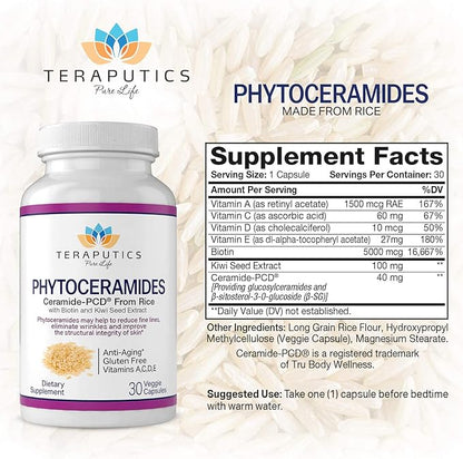 Phytoceramides Ceramide-PCD® Made From Rice - w/ Biotin and Kiwi Seed - Non GMO Gluten Free Hair Skin and Nails Vitamin, Reduce Fine Lines & Wrinkles, Strengthen Hair & Nails, 30 Veggie Capsules