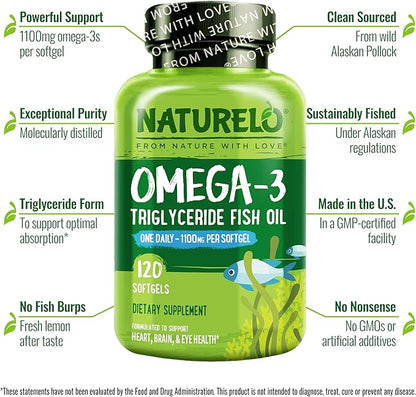 NATURELO Burpless Omega 3 Fish Oil Supplement - 1100mg Triglyceride Omega-3, EPA + DHA, Liquid Fish Oil Omega 3 for Heart, Eye, Brain, Joint Health - 120 Softgels, 4 Months Supply