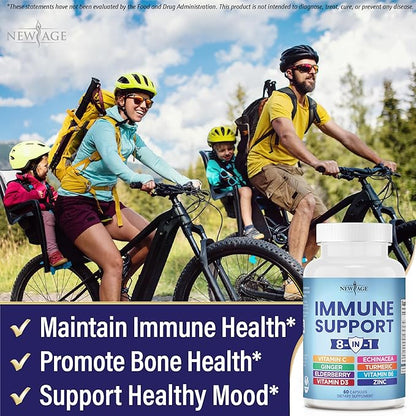 NEW AGE 8 in 1 Immune Support Booster Supplement with Echinacea, Vitamin C and Zinc 50mg, Vitamin D 5000 IU, Turmeric Curcumin & Ginger, B6, Elderberry (8 in 1 Capsules (Pack of 5))
