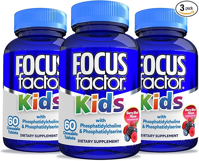 Focus Factor Kids Complete Daily Chewable Multivitamin & Neuro Nutrient Brain Function w/Vitamin B12, C, D3, Berry, 60 Count, Pack of 3