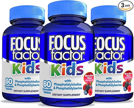 Focus Factor Kids Complete Daily Chewable Multivitamin & Neuro Nutrient Brain Function w/Vitamin B12, C, D3, Berry, 60 Count, Pack of 3
