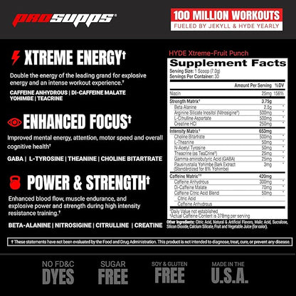 PROSUPPS® Mr. Hyde® Xtreme Pre-Workout Powder Energy Drink - Intense Sustained Energy, Pumps & Focus with Beta Alanine, Creatine & Nitrosigine, (30 Servings, Fruit Punch)