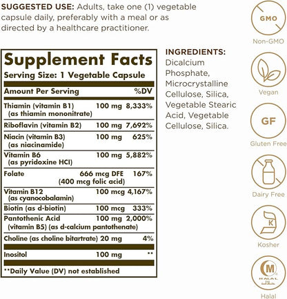 Solgar B-Complex "100" - 100 Vegetable Capsules, Pack of 2 - Energy Metabolism, Cardiovascular Health, Nervous System Support - Non-GMO, Vegan, Gluten Free - 200 Total Servings
