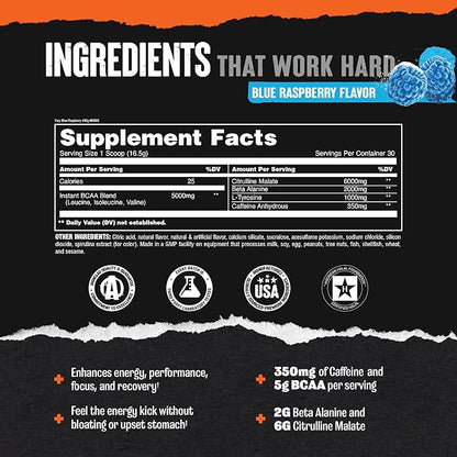 Animal Fury Pre Workout Powder - Energy and Focus Supplement with 5g BCAA, 350mg Caffeine Nitric Oxide Booster with Beta-Alanine, Preworkout for Men and Women, Blue Raspberry Flavor, 30 Servings