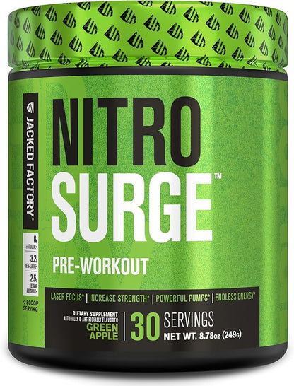 Jacked Factory NITROSURGE Pre Workout Supplement - Endless Energy, Instant Strength Gains, Clear Focus, Intense Pumps - NO Booster & Powerful Preworkout Energy Powder - 30 Servings, Green Apple