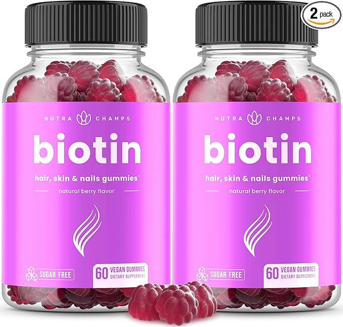 NutraChamps Sugar Free Biotin Gummies 10000mcg [High Potency] - Healthy Hair, Skin & Nails for Women, Men & Kids - 5000mcg in Each Gummy - Vegan Hair Health Vitamins Supplement - Raspberry (2-Pack)