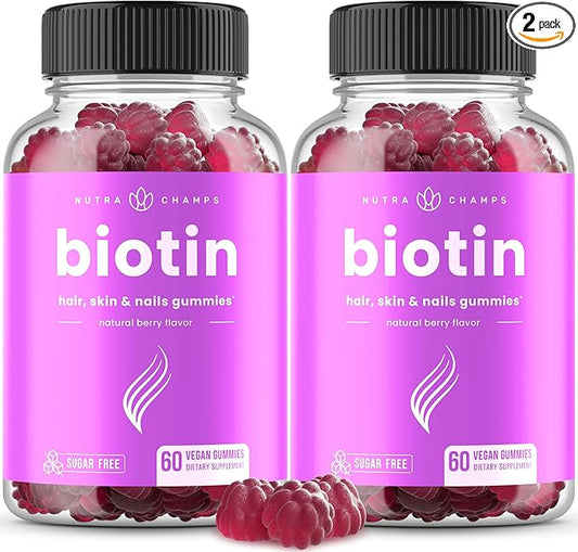 NutraChamps Sugar Free Biotin Gummies 10000mcg [High Potency] - Healthy Hair, Skin & Nails for Women, Men & Kids - 5000mcg in Each Gummy - Vegan Hair Health Vitamins Supplement - Raspberry (2-Pack)