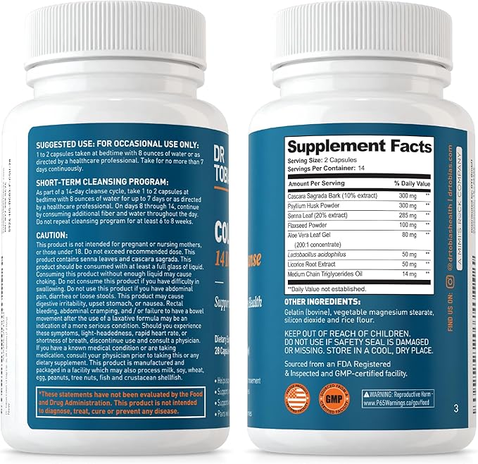 Dr. Tobias Colon 14 Day Cleanse, Advanced Gut Cleanse Detox for Women & Men with Cascara Sagrada, Psyllium Husk, Senna Leaf & Probiotics, Non-GMO Colon Cleanse, 2 Bottles of 28 Capsules (1-2 Daily)