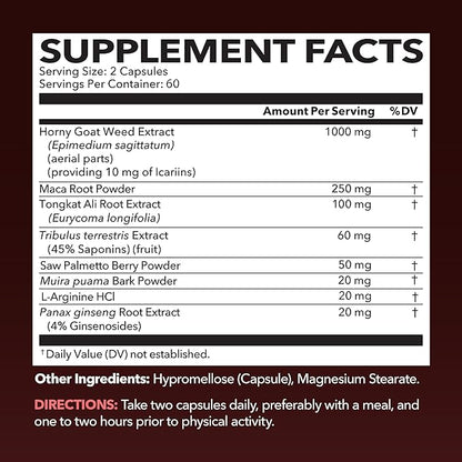 Horny Goat Weed for Men and Women - Extra Strength Performance Support with Maca Root Extract & Tongkat Ali & Muira Puama - Power, Performance and Energy Support - 2 Months Supply Herbal Supplement