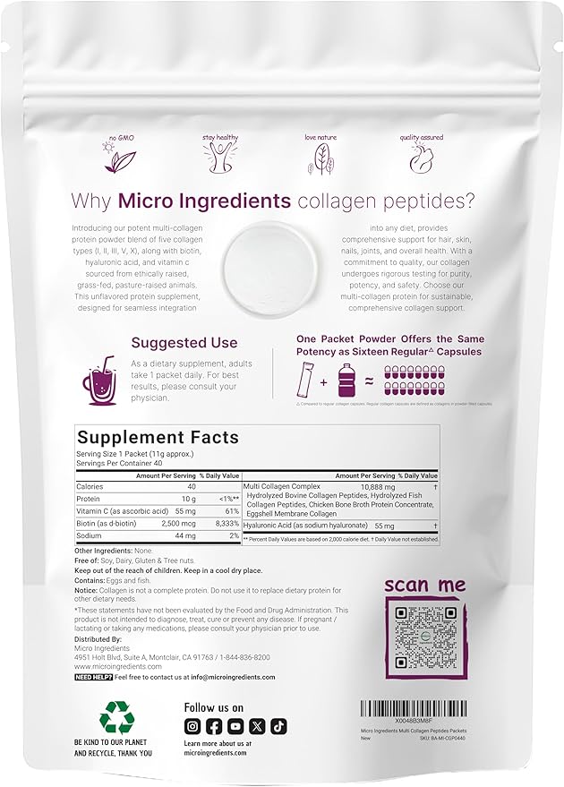 Multi Collagen Peptides, 40 Packets | Hydrolyzed Protein Peptides Powder | Type I,II,III,V,X with Hyaluronic Acid, Biotin, & Vitamin C | Unflavored, Keto, & Paleo Friendly | Ez Mix in Drinks