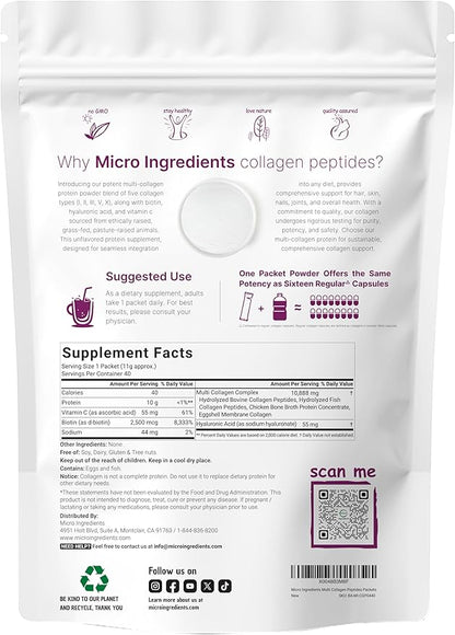 Multi Collagen Peptides, 40 Packets | Hydrolyzed Protein Peptides Powder | Type I,II,III,V,X with Hyaluronic Acid, Biotin, & Vitamin C | Unflavored, Keto, & Paleo Friendly | Ez Mix in Drinks