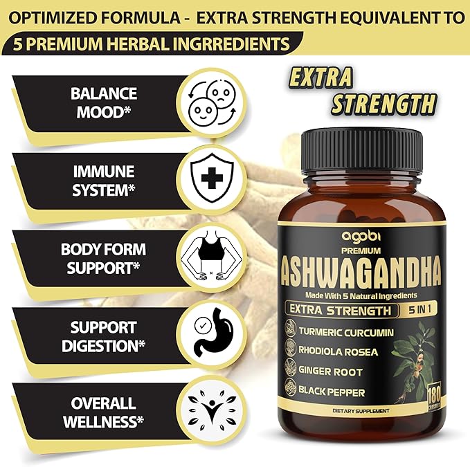 5in1 Premium Ashwagandha Capsules - Added Turmeric, Rhodiola Rosea, Ginger, Black Pepper - Strength, Spirit & Immune Support - 180 Caps for 6 Months