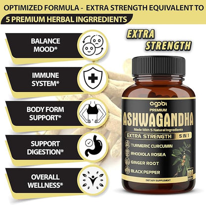 5in1 Premium Ashwagandha Capsules - Added Turmeric, Rhodiola Rosea, Ginger, Black Pepper - Strength, Spirit & Immune Support - 180 Caps for 6 Months