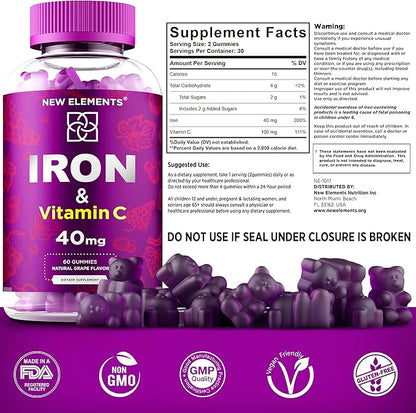 Iron Supplement for Women & Men with Vitamin C, Iron Gummies for Adults 40mg Iron and 100mg Vitamin C, Free Blood Builder for Anemia, Natural Grape Flavor, 30 Day Supply