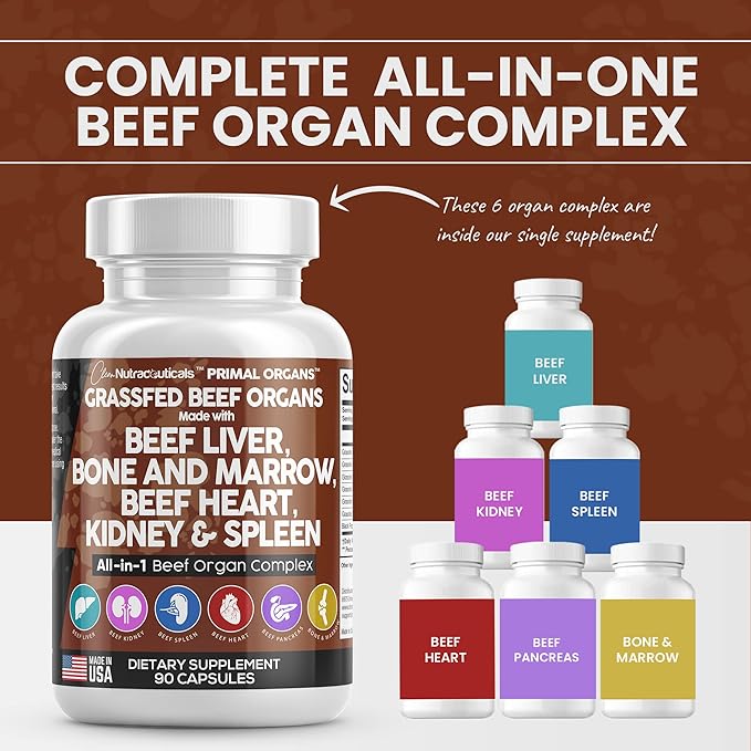Clean Nutraceuticals Grass Fed Beef Liver Capsules 3000mg - Premium Quality Supplement Packed with Desiccated, Beef Heart, Beef Spleen, Beef Pancreas Plus Bone & Marrow Dao Enzyme Pills - USA Made