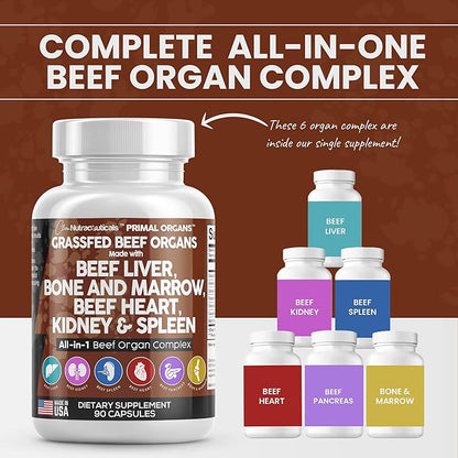 Clean Nutraceuticals Grass Fed Beef Liver Capsules 3000mg - Premium Quality Supplement Packed with Desiccated, Beef Heart, Beef Spleen, Beef Pancreas Plus Bone & Marrow Dao Enzyme Pills - USA Made