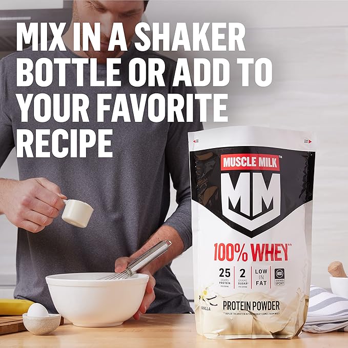 Muscle Milk 100% Whey Protein Powder, Chocolate, 5 Pound, 66 Servings, 25g Protein, 2g Sugar, Low in Fat, NSF Certified for Sport, Energizing Snack, Workout Recovery, Packaging May Vary
