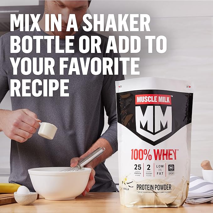 Muscle Milk 100% Whey Protein Powder, Vanilla, 5 Pound, 68 Servings, 25g Protein, 2g Sugar, Low in Fat, NSF Certified for Sport, Energizing Snack, Workout Recovery, Packaging May Vary