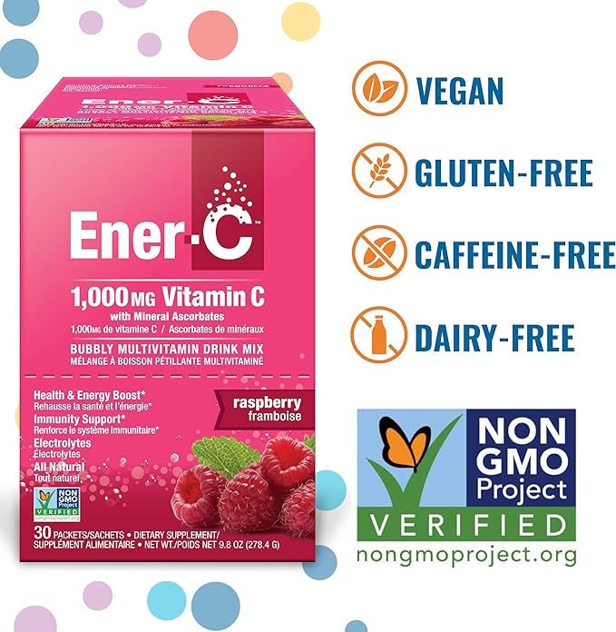 Ener-C Raspberry Multivitamin Drink Mix Powder Vitamin C 1000mg & Electrolytes with Real Fruit Juice Natural Energy & Immune Support for Women & Men - Non-GMO Vegan & Gluten Free - 30 Count