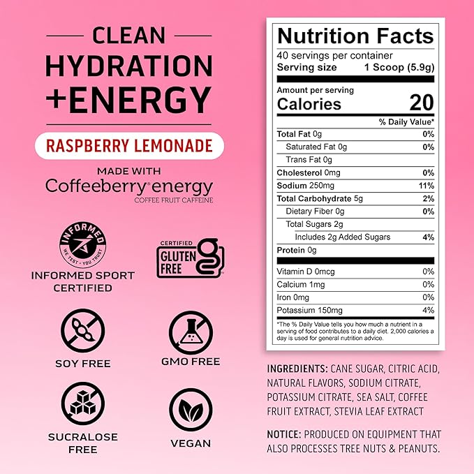 Ascent Clean Hydration + Energy Electrolytes Powder - 100mg Caffeine, 400mg Electrolytes, No Artificial Ingredients, Raspberry Lemonade 40 Servings