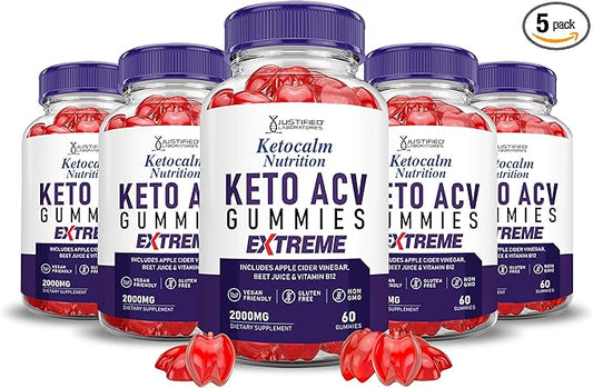 (5 Pack) Ketocalm Nutrition Keto ACV Gummies Extreme 2000MG Keto Calm Nutrition Keto Gummies Apple Cider Vinegar Formulated with Pomegranate Beet Juice Powder B12 Vegan Non GMO 300 Gummys