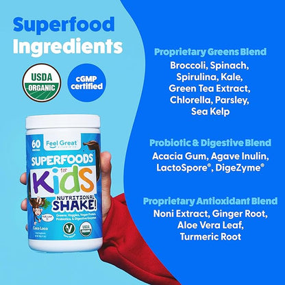 Kids Organic Super Greens Powder with Fruits & Veggies - All-In-One Kids Multivitamin made from Real Plants - No Synthetic Vitamins, No Fillers or Binders, No Sugar Added.