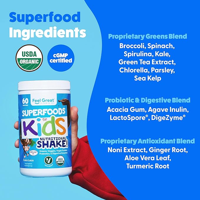 Kids Organic Super Greens Powder with Fruits & Veggies - All-In-One Kids Multivitamin made from Real Plants - No Synthetic Vitamins, No Fillers or Binders, No Sugar Added.
