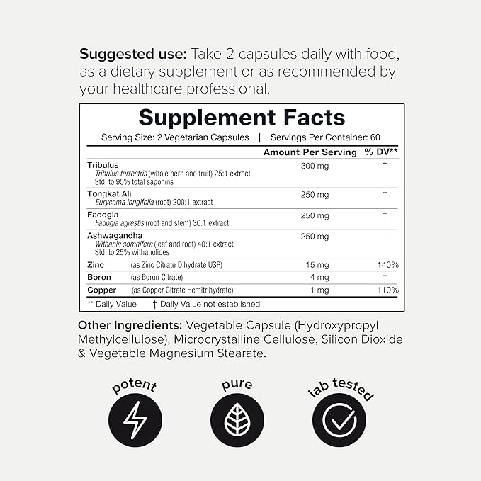 Elite T Formula: 75,000mg Power Capsules - Enhanced with Tribulus (95% Saponins), 200:1 Tongkat Ali, 30:1 Fadogia, 25% Withanolides Ashwagandha - Zinc, Boron, Copper - 120 Caps, 60 Servings