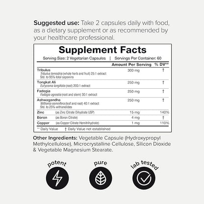 Elite T Formula: 75,000mg Power Capsules - Enhanced with Tribulus (95% Saponins), 200:1 Tongkat Ali, 30:1 Fadogia, 25% Withanolides Ashwagandha - Zinc, Boron, Copper - 120 Caps, 60 Servings