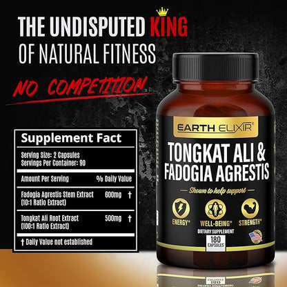 Fadogia Agrestis 600mg and Tongkat Ali 500mg Supplements (180 Capsules) - Made in USA - 3 Month Supply – 3rd Party Tested - Long Jack - Tongkat Ali Fadogia Agrestis for Men and Women