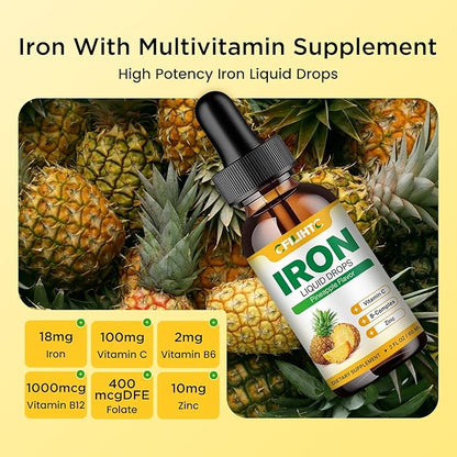 Liquid Iron Supplement for Women Men & Kids Multivitamin Iron Drops with Folate, Vitamin C, B6, B12, Zinc for Anemia, Iron Deficiency, Blood Builder, Energy - Natural Pineapple Flavor, Vegan 2 Fl Oz