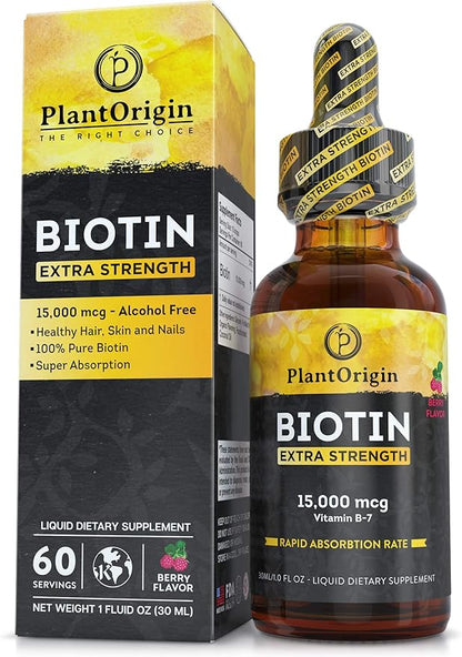 Extra Strength15,000 MCG Biotin Liquid Drops - Promotes Hair Growth, Radiant Skin & Strong Nails, Vegan & Kosher, Berry Flavor - 5X Absorption, 60 Servings