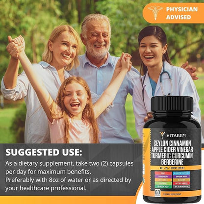 Ceylon Cinnamon Capsules 3000mg Turmeric 3000mg Apple Cider Vinegar 3000mg Ginseng 2000mg Aloe Vera 2000mg Berberine Supplement 1200mg + Banaba | Bitter Melon | Gymnema | Ginger Root - 60 Count