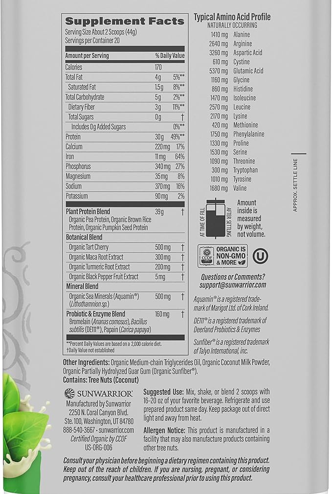 Vegan Protein Powder Plant-Based USDA Organic BCAAs | 30g Protein per Serving | Premium Sugar Free, Gluten Free Non-GMO Dairy Free | Unflavored, 20 Servings | Active Sport Protein Powder