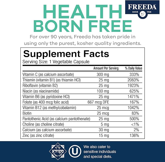 FREEDA Complete B Complex with Vitamin C & Zinc – SCD Legal Vitamin B Complex (B1, B2, B3, B6, B12) – 250 Vegetarian Capsules, Suitable for All Including SCD Diet Followers, Daily Health Support