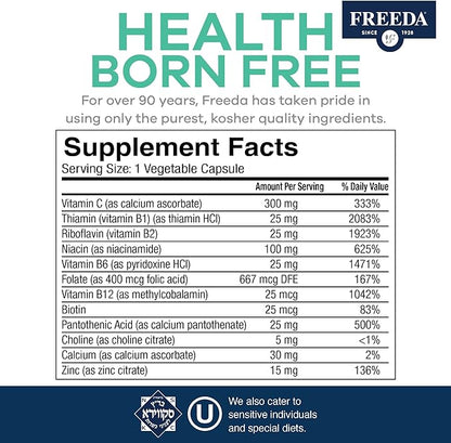 FREEDA Complete B Complex with Vitamin C & Zinc – SCD Legal Vitamin B Complex (B1, B2, B3, B6, B12) – 250 Vegetarian Capsules, Suitable for All Including SCD Diet Followers, Daily Health Support