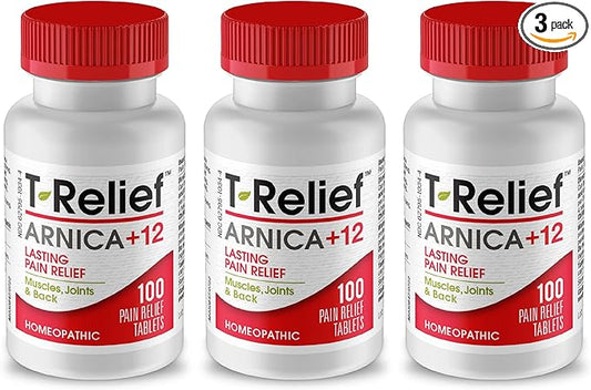 T-Relief Arnica +12 Natural Relieving Actives for Back Pain Joint Soreness Muscle Aches & Stiffness, Whole Body Fast Acting Relief for Women & Men - 100 Tablets (3 Pack)