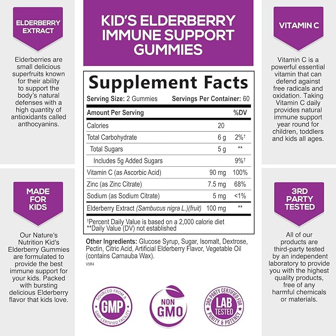 Sambucus Elderberry Immune Gummies for Kids with Vitamin C, Zinc & Elderberry, Daily Childrens Immune Support Vitamins Gummy Children Ages 4 Up, Natures Supplement, Non-GMO, Berry Flavor, 120 Gummies